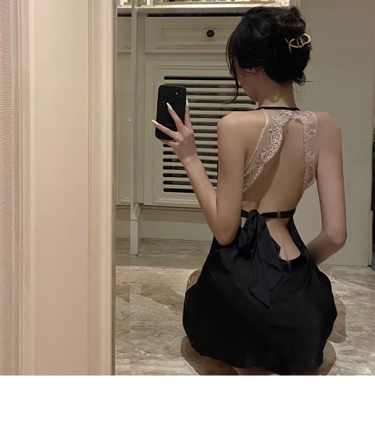 Black Satin Open-Back Slip